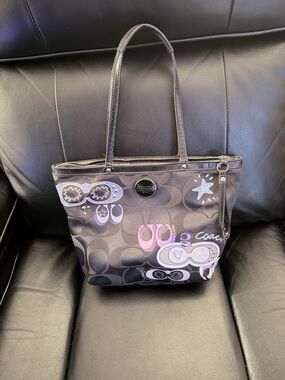 Coach Signature Tote Bag Black Gray Monogram Graphic Print Zip Top Purse EUC